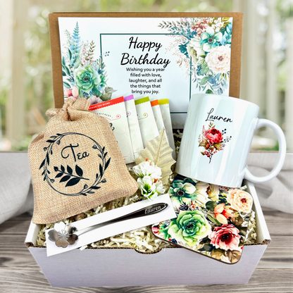 Birthday Gift Basket with Tea and Personalized Mug