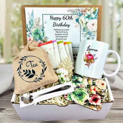 Flower themed gift for her 60th birthday with personalized mug, meaningful card and assorted teas with engraved stir spoon