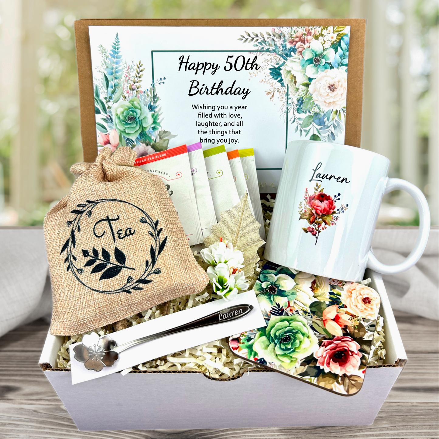 50th birthday present for women with tea and personalized mug in garden party design