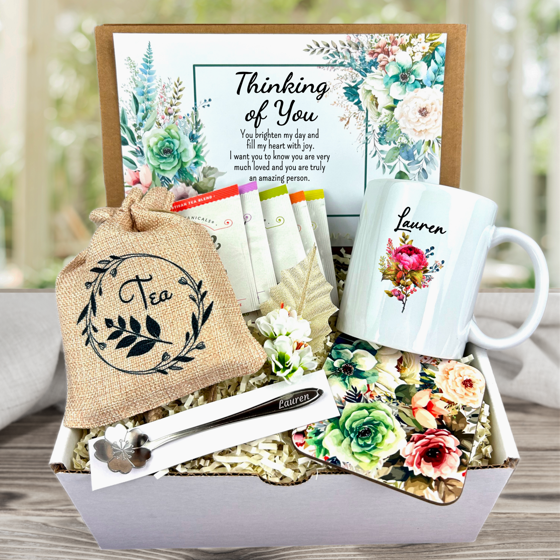 thinking of you present for women with Assorted tea varieties, custom mug with engraving, coaster set, meaningful card with flower design
