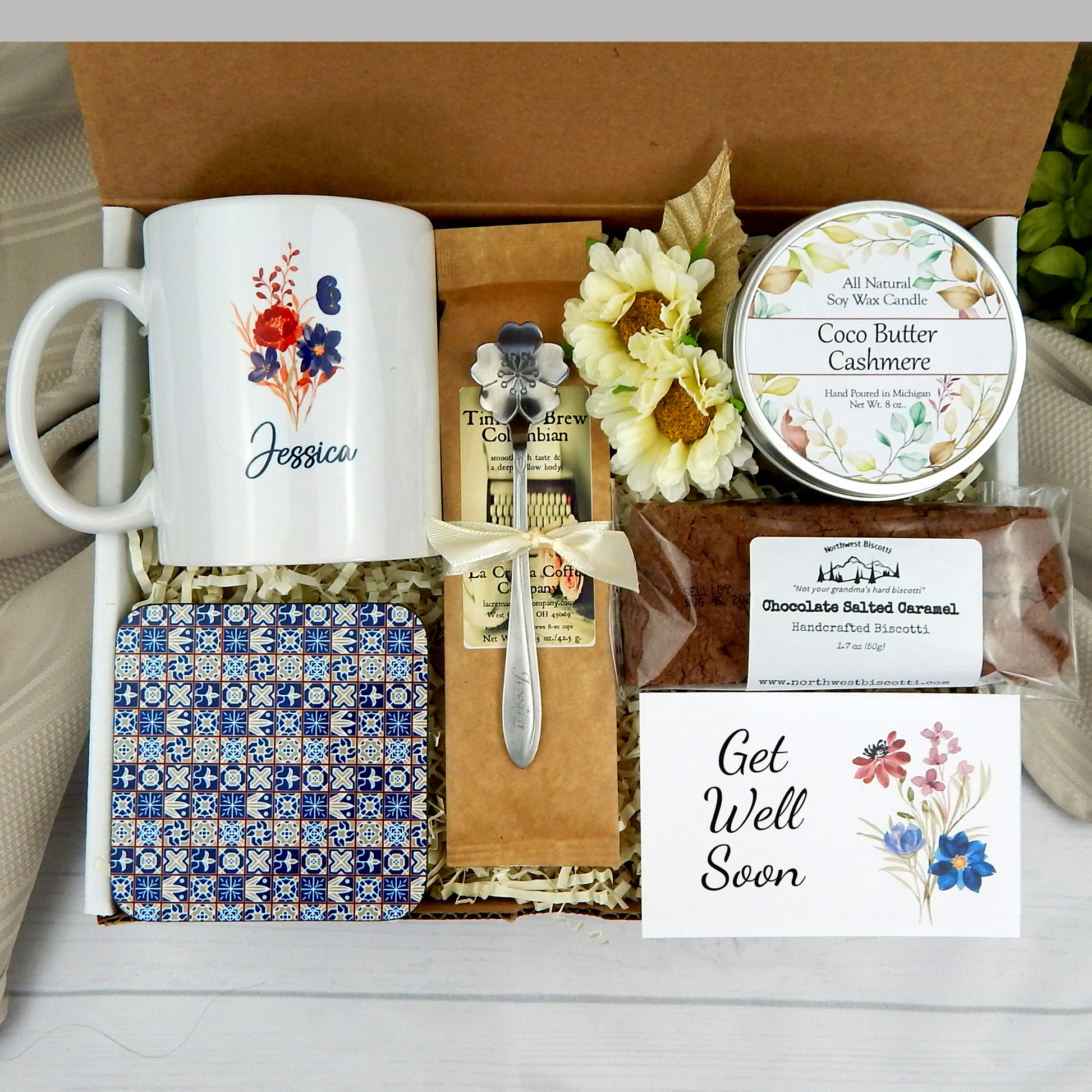 get well soon gift basket for women with personalized mug spoon candle coffee relaxing hygge gift box