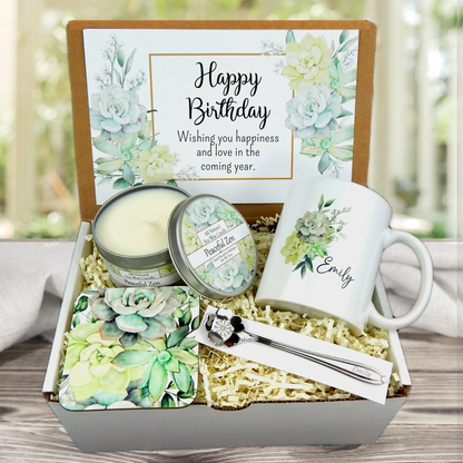 Personalized Birthday Gift Basket with Flower Coffee Mug
