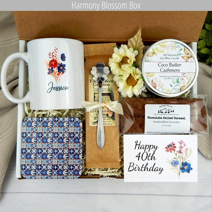 40th Birthday Gift Basket with Custom Name Mug and Coffee Set