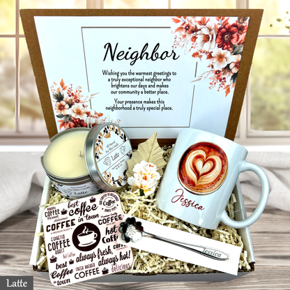 Gift set for a neighbor with a mug, candle, and coffee-themed items.