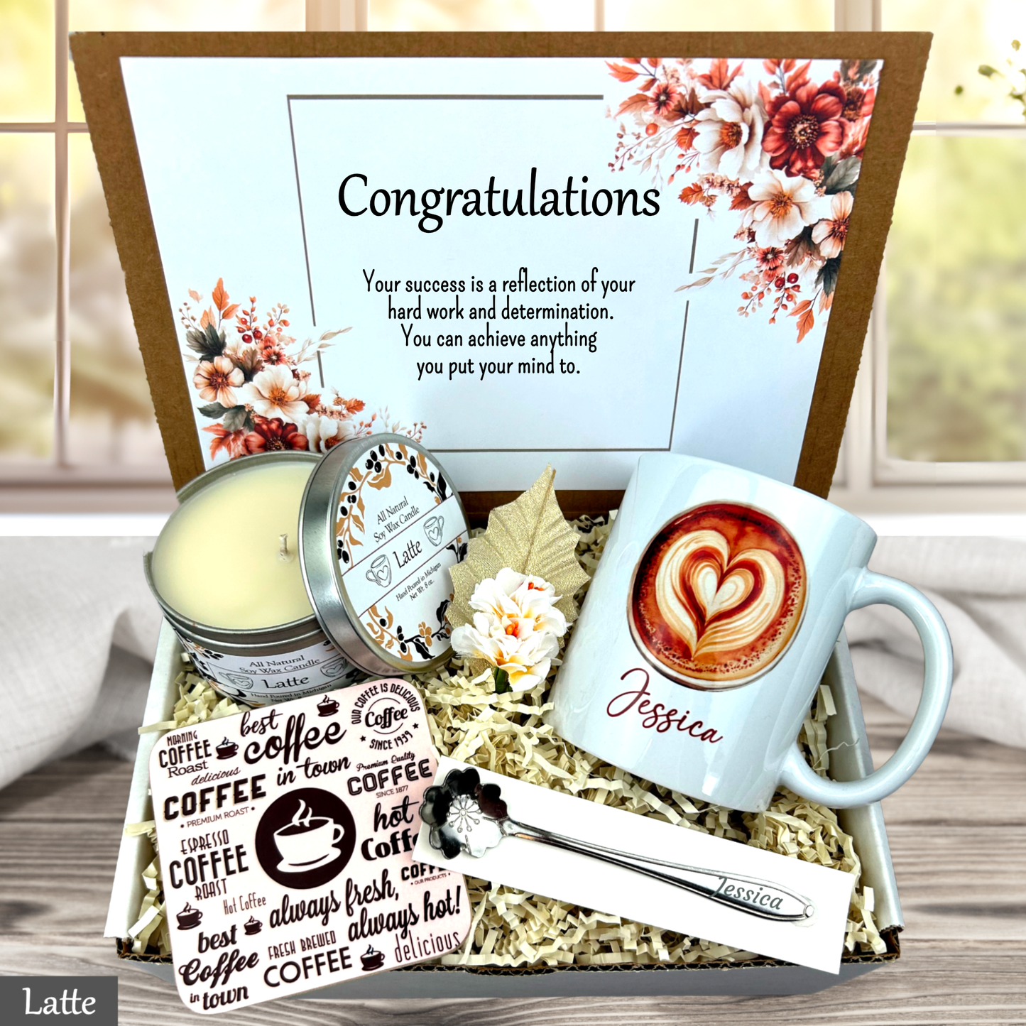 Latte heart personalized mug Gift set with mug, candle, and card on a wooden surface