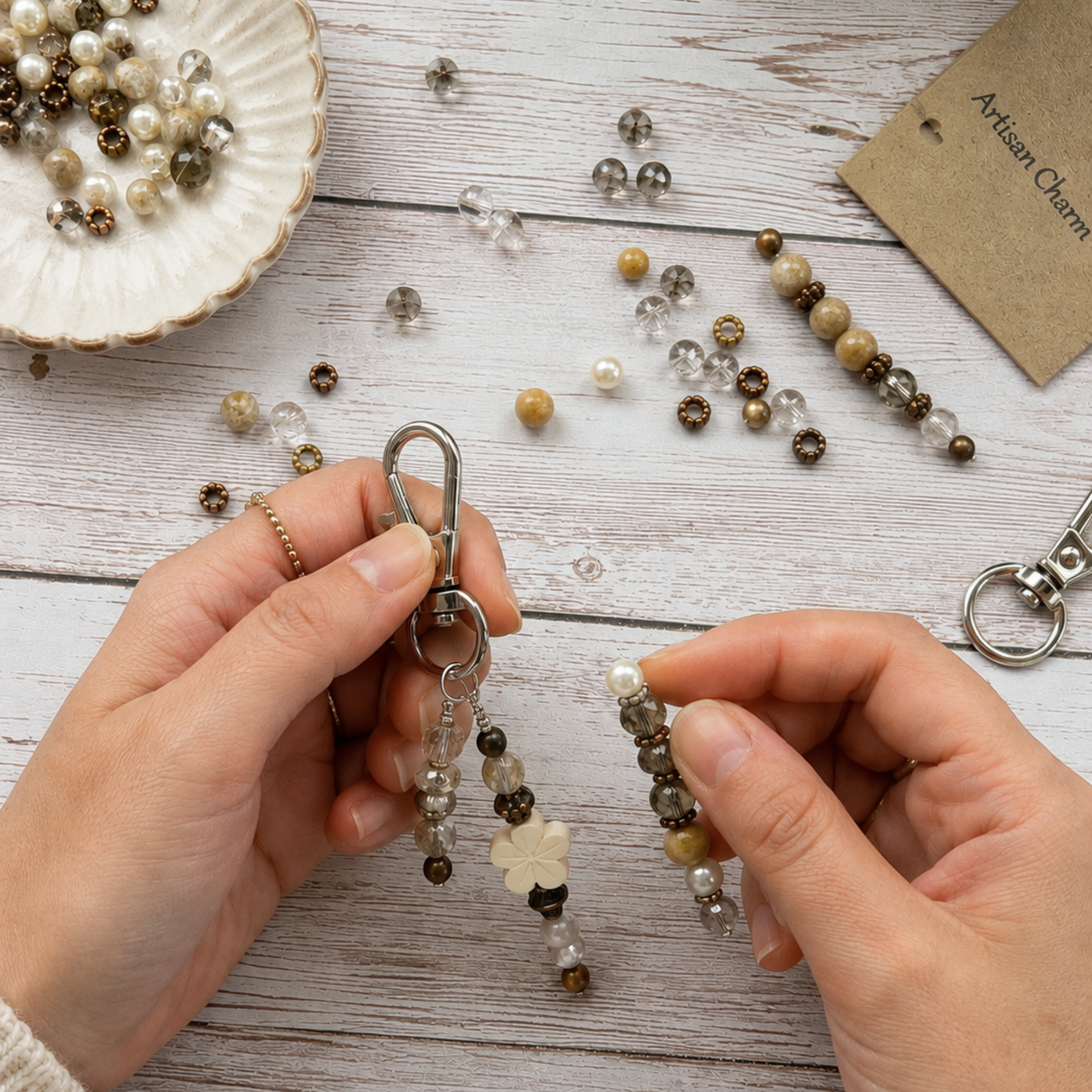 Hands working with beaded keychains and jewelry on a wooden surface
