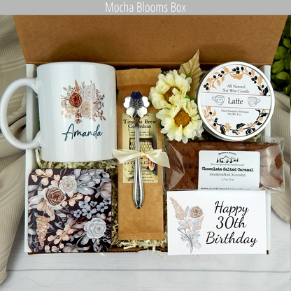 Warm wishes for 30: Birthday care package featuring coffee and a custom mug
