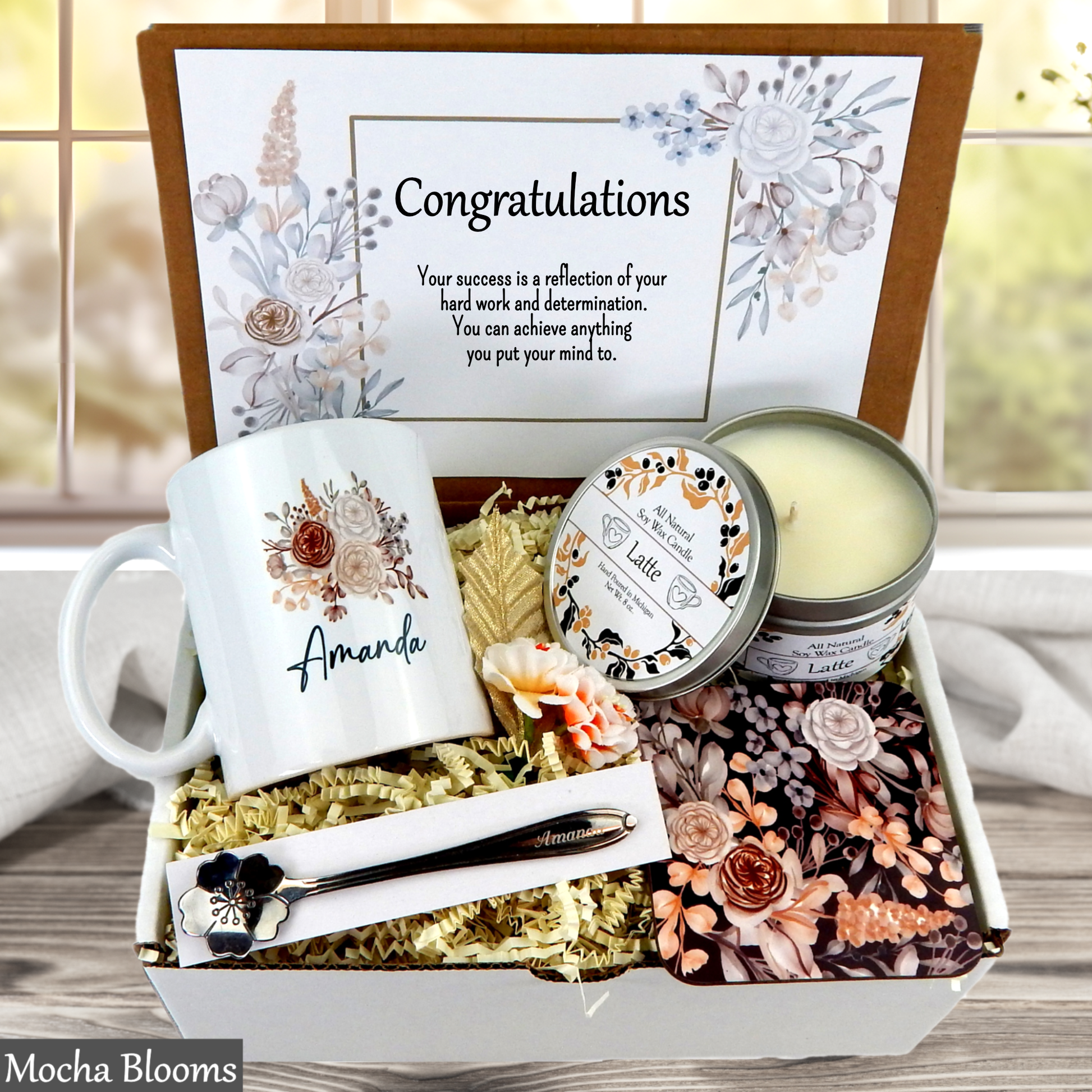 Coffee themed Gift box with mug, candle, and other items with 'Congratulations' message