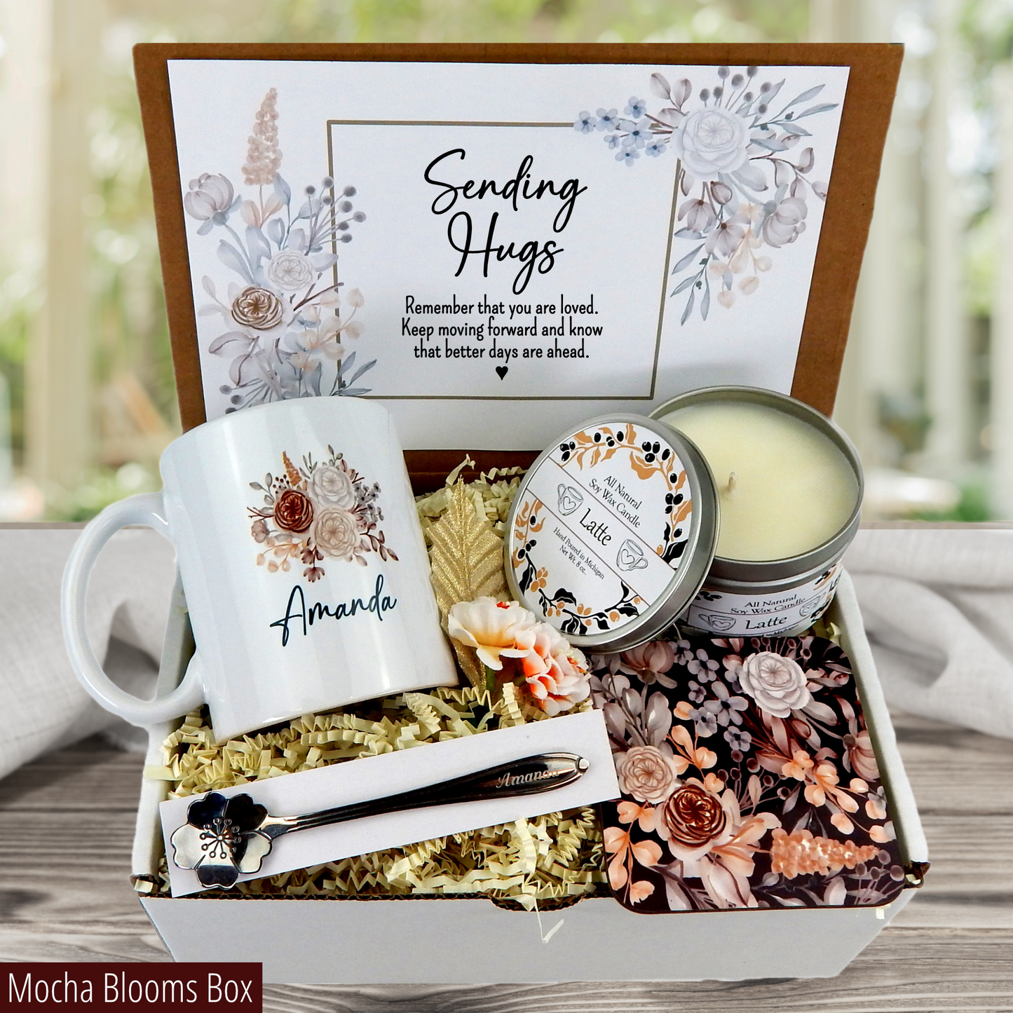 Heartwarming gift basket featuring a personalized mug for sending hugs