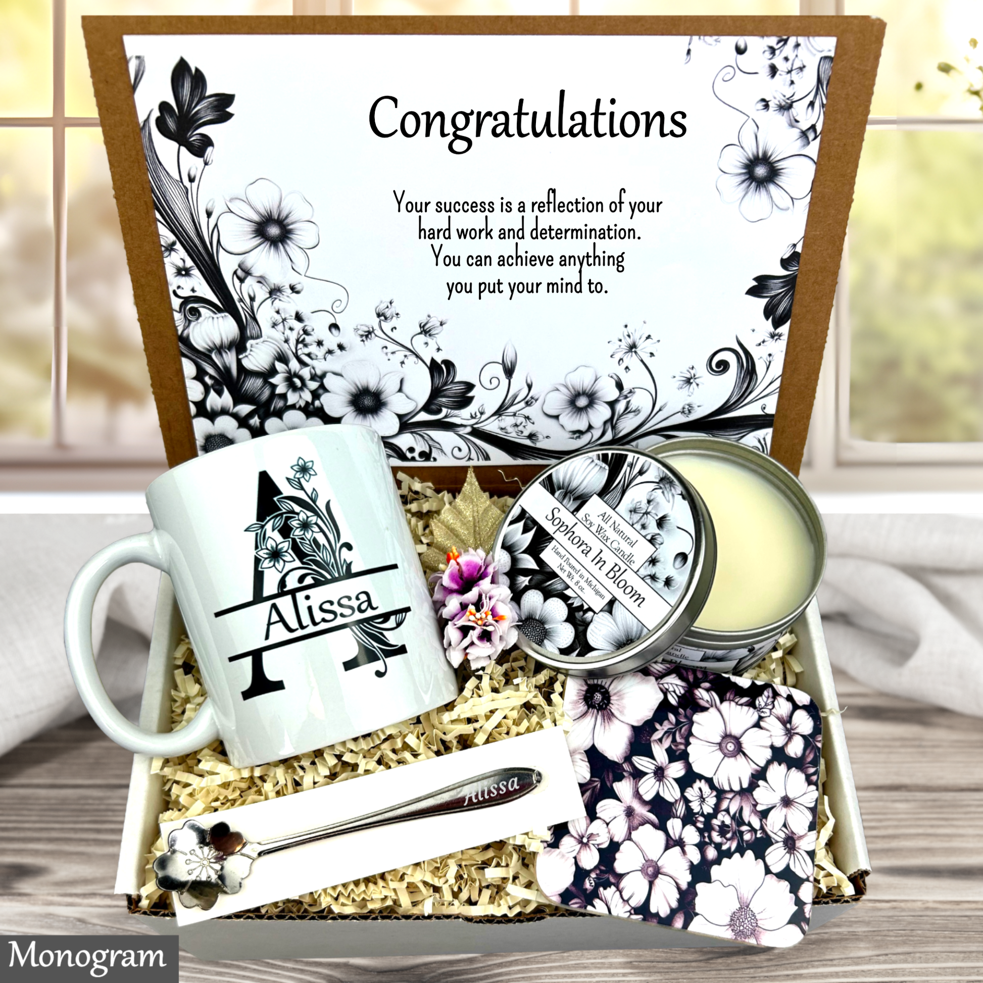Monogram letter mug congratulations Gift set with mug, candles, and decorative items on a wooden surface.
