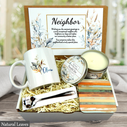 Neighbor gift set with mug, candle, and card on a wooden surface