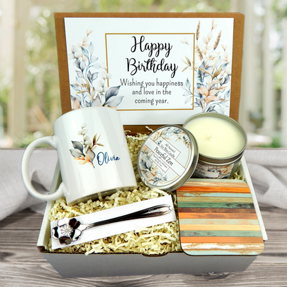 Personalized Birthday Gift Basket with Flower Coffee Mug