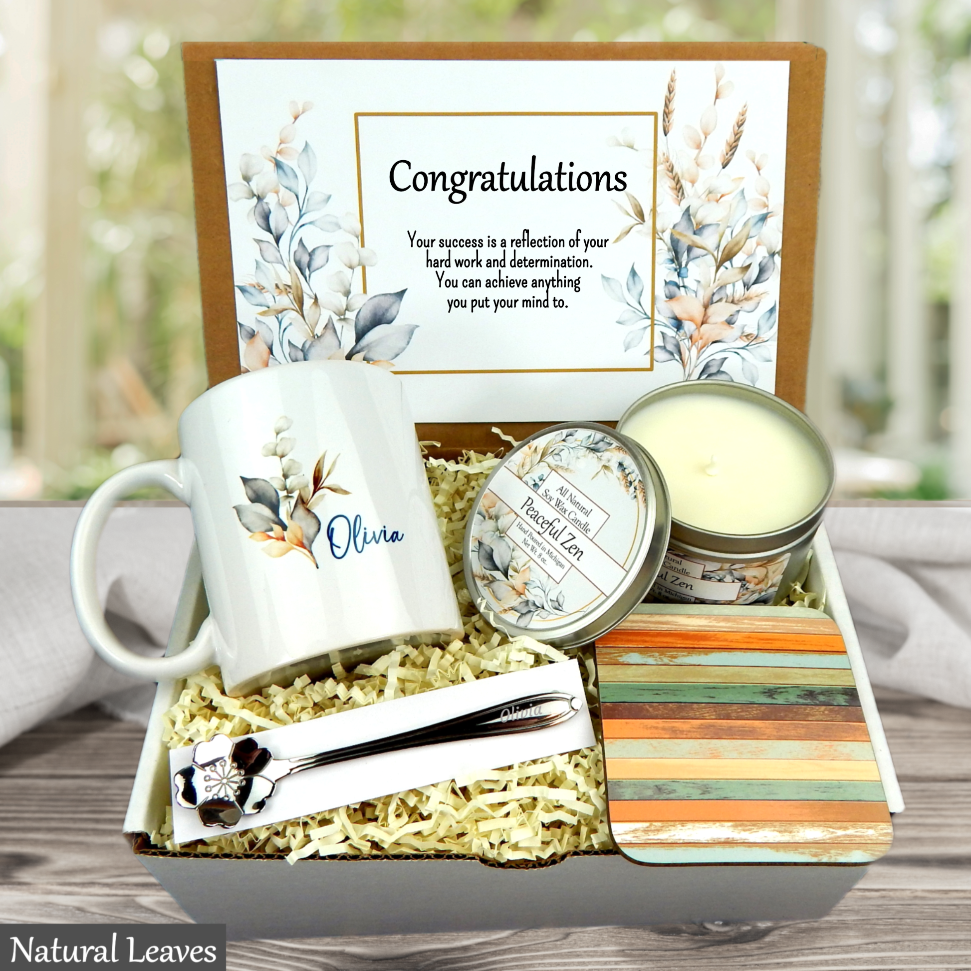 Natural leaves designed personalized mug and candle gift set