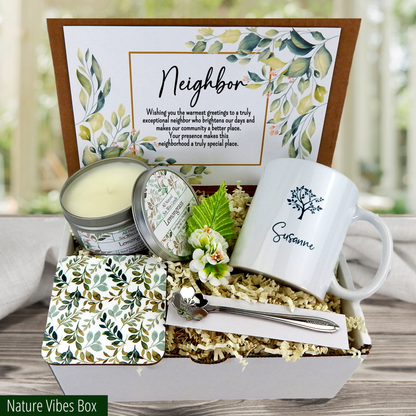 nature themed Show Your Gratitude: Neighbor Gift Basket with Custom Mug, Spoon, and Candle