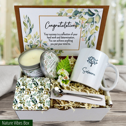 nature lover themed Personalized Graduation Gift Basket Box with Mug, Spoon, and Candle