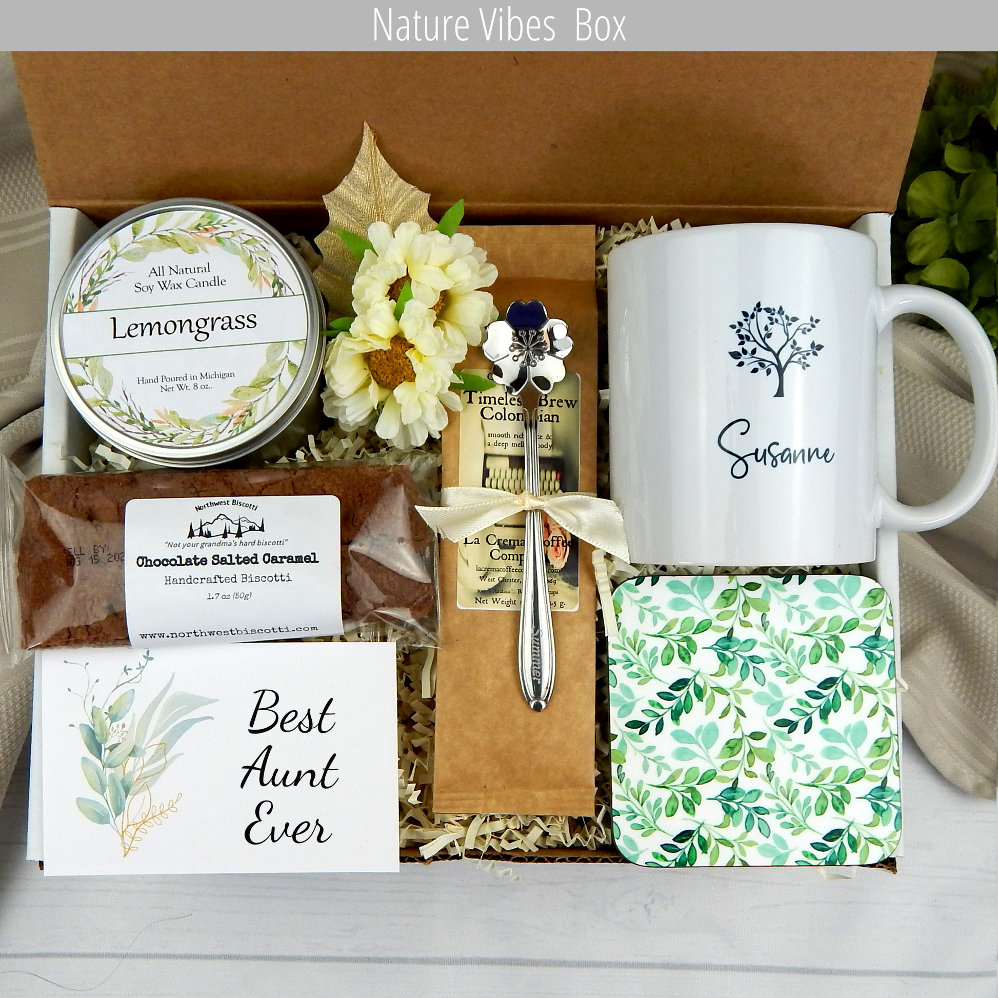 Aunt's Special Moments: Custom mug, coffee, goodies, engraved spoon, and candle in a gift basket.