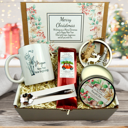 New Year New Beginnings Christmas Gift Box with Coffee and Inspirational Personalized Mug