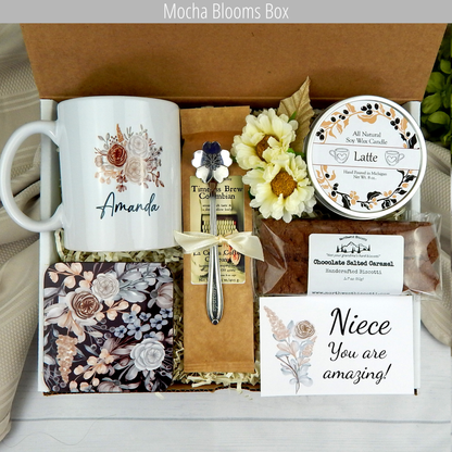 Coffee and thoughtful moments: Women's care package filled with gourmet coffee, a customized name mug, thoughtful treats, engraved spoon, and candle for your niece.