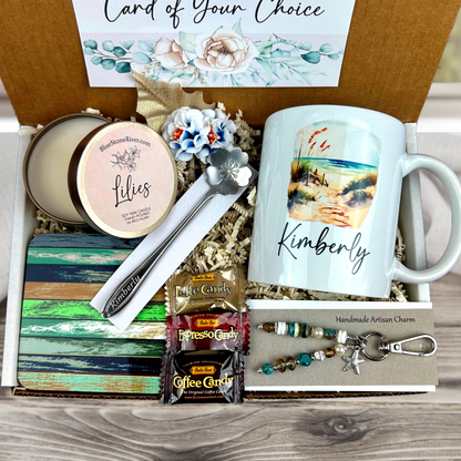 beach themed Complete gift box for women with mug, spoon, charm, and more