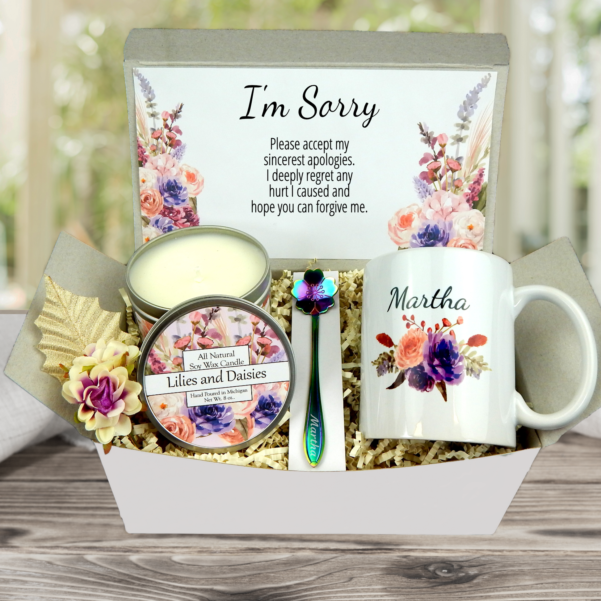 Apology-themed gift basket with keepsake coffee cup