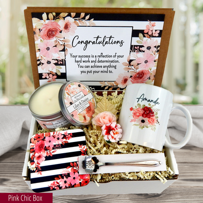 Celebrate Success with a Gift Basket Containing Custom Mug, Spoon, and Candle