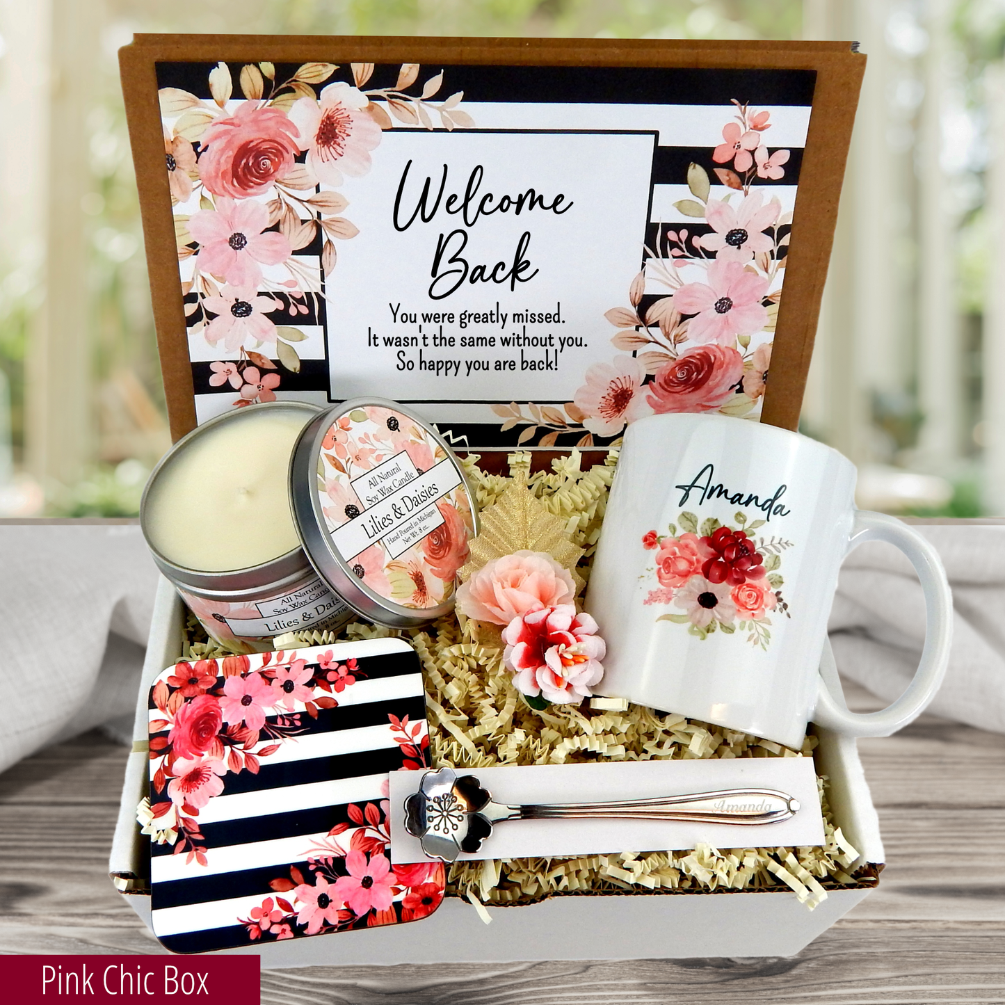 pink flower box welcome back gift basket with personalized mug