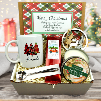 Plaid Christmas Tree Mug in Christmas Gift Basket with Coffee, Candle Ornament and Spoon