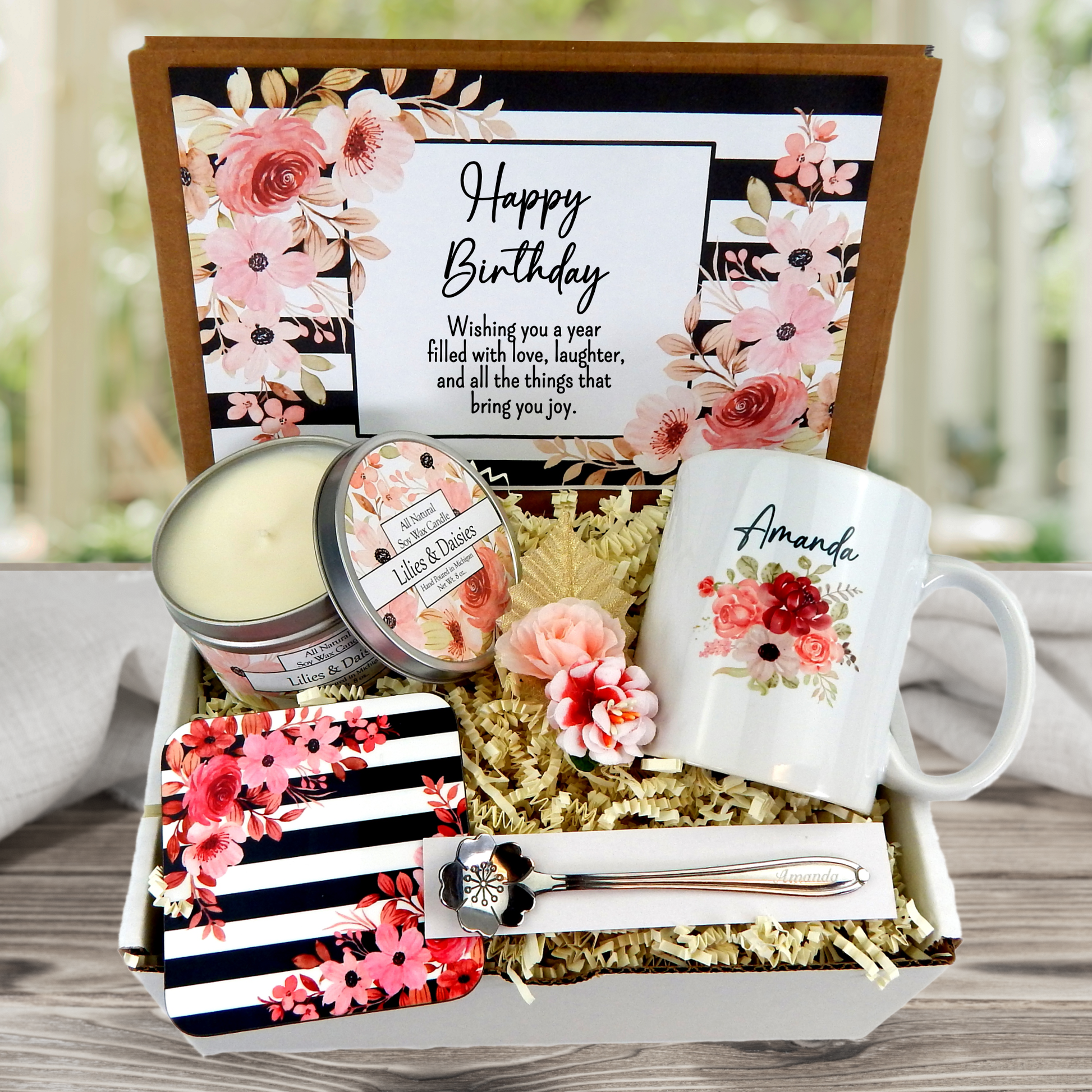 pink floral themed birthday present customized with her name on a mug and spoon
