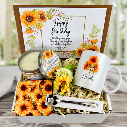 sunflower themed birthday gift basket with personalized mug and coffee set