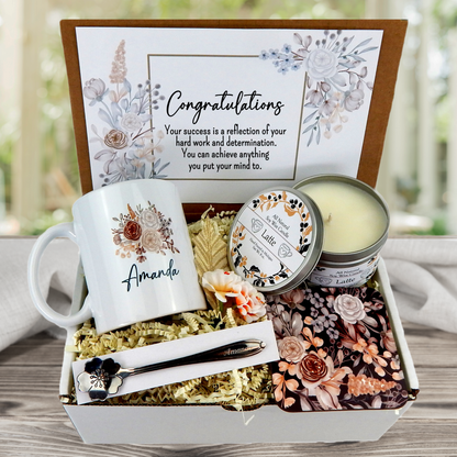 Graduation Gift Basket Box with Personalized Mug, Spoon, and Candle