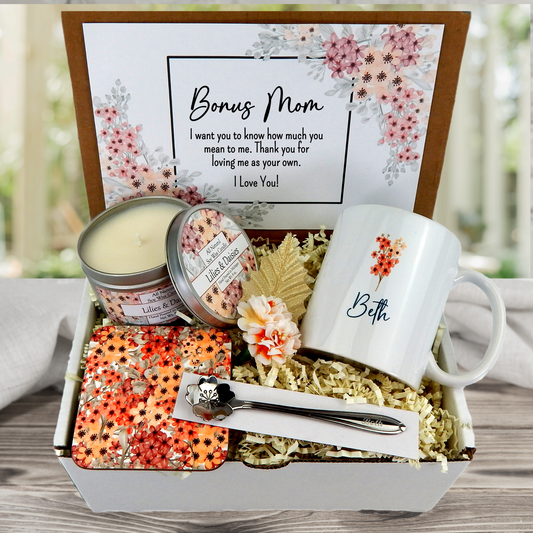 Celebrate Bonus Mom's Birthday: Personalized Gift Basket with Mug, Spoon, and Candle