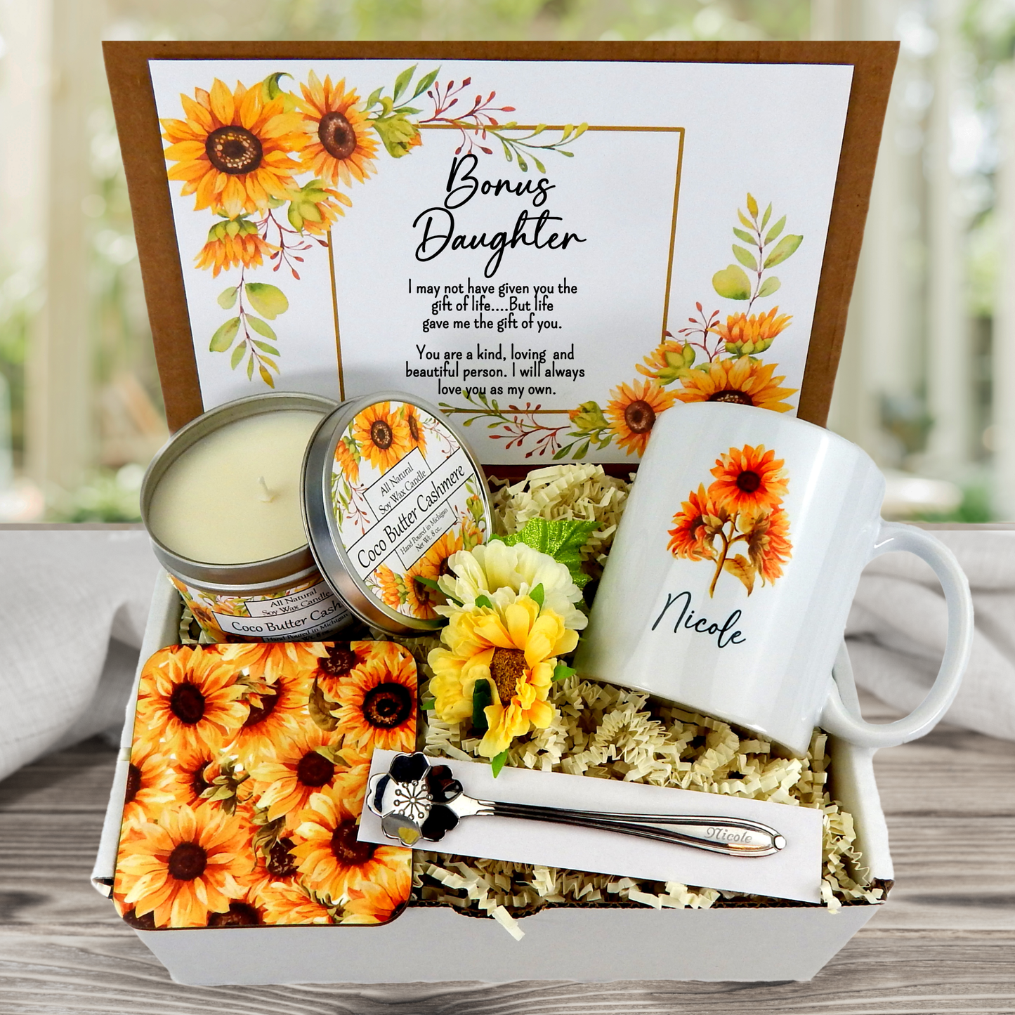 sunflower themed Make her day with a customized mug and soothing candle.