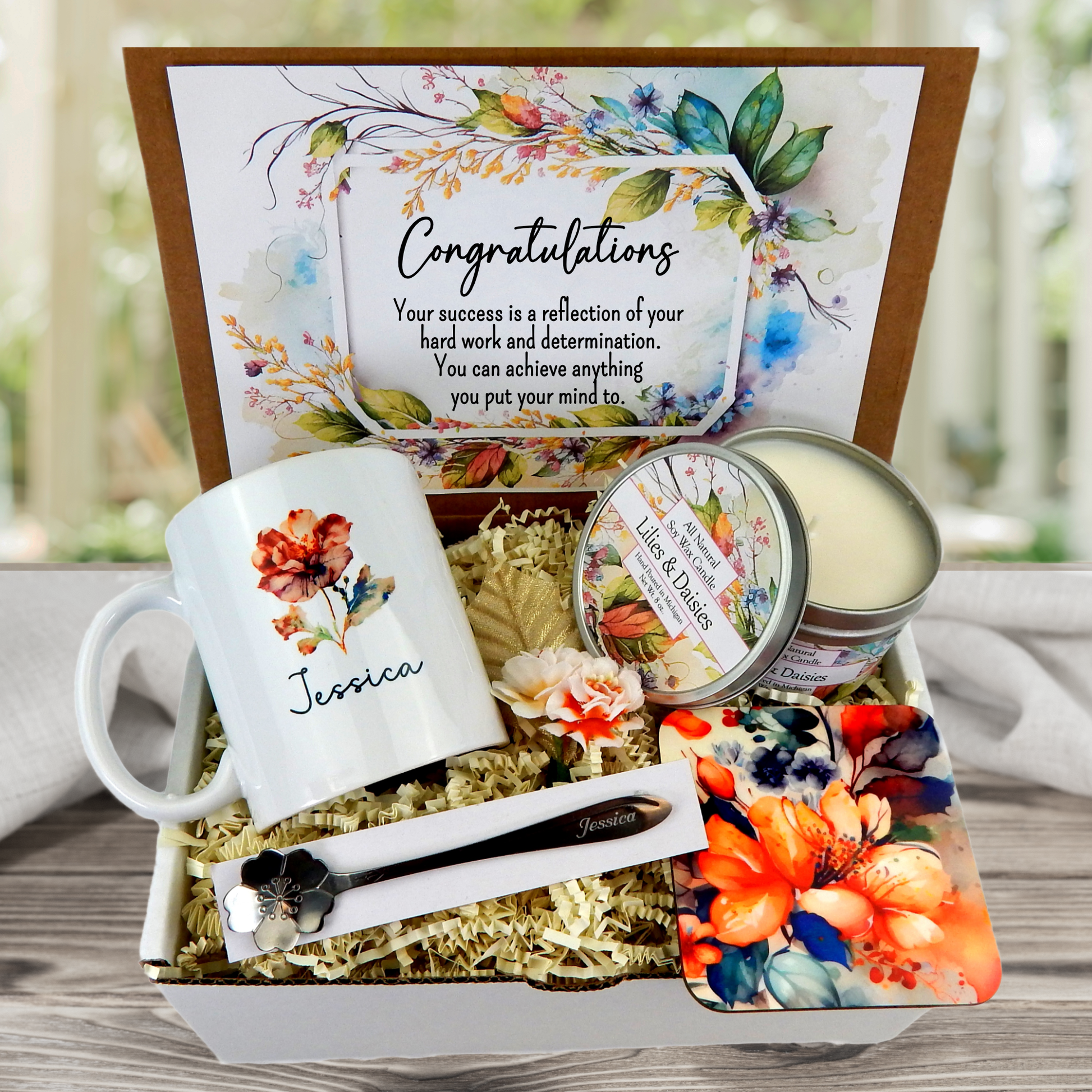 Graduation Gift Basket Box with Personalized Mug, Spoon, and Candle