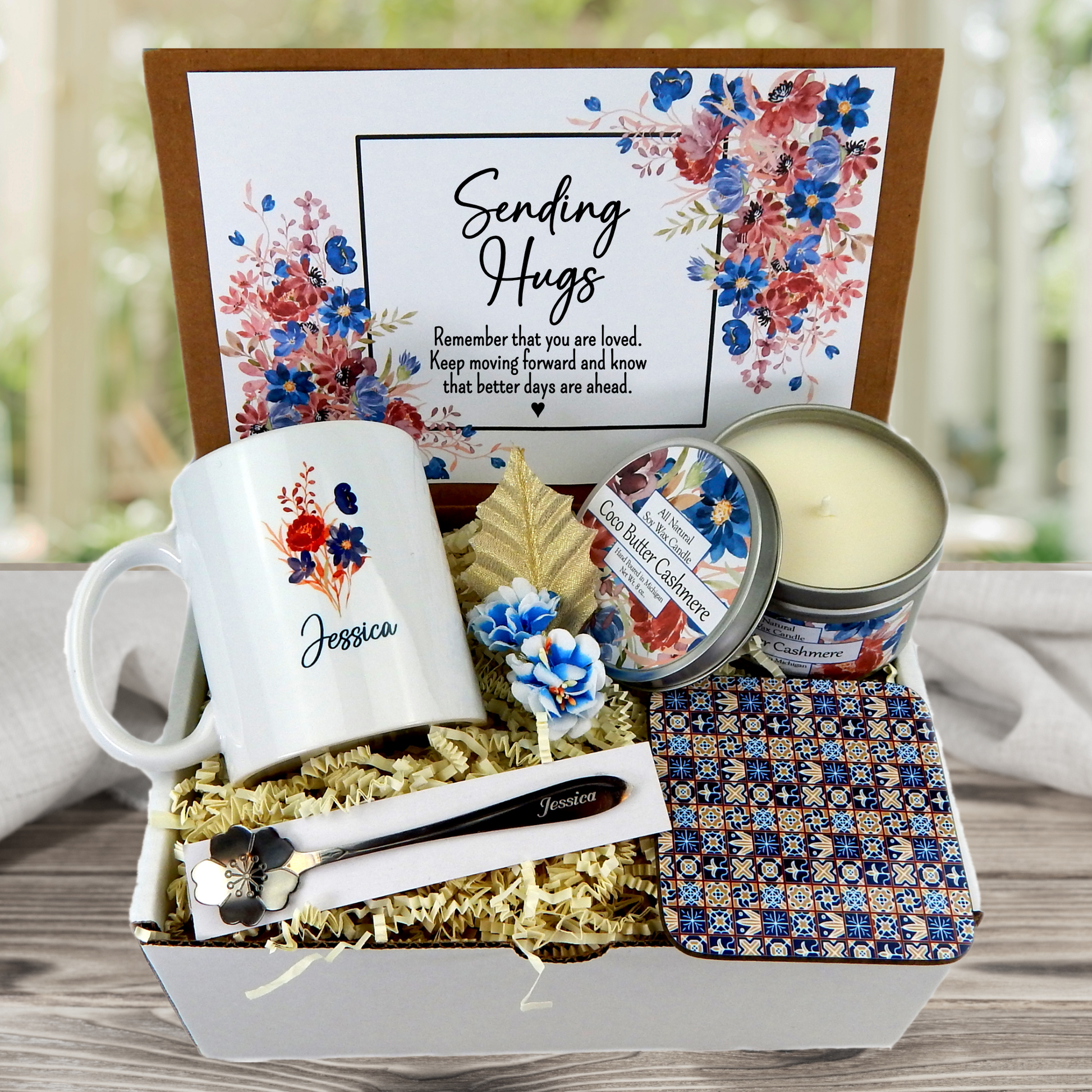 Share your affection with a gift basket and custom mug for sending hugs