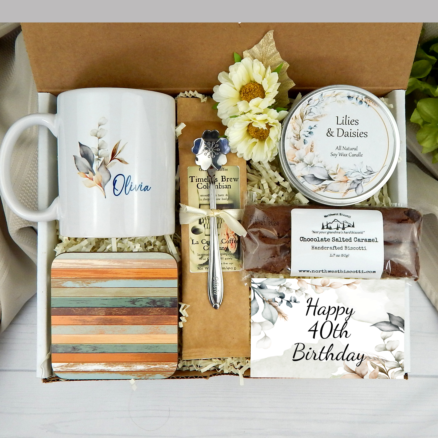 40th Birthday Gift Basket with Custom Name Mug and Coffee Set