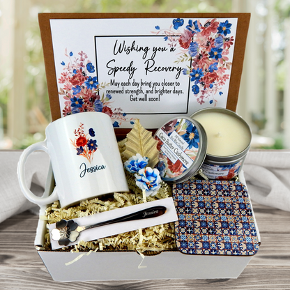 Comfort and warmth in a recovery gift box with a custom mug.