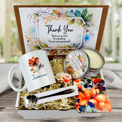 Personalized thank you gift basket with keepsake mug and candle