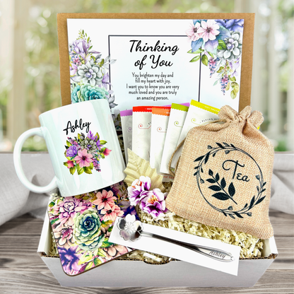 Thinking of you present with Personalized engraving, custom mug, assorted tea, coaster, meaningful card, purple floral motif