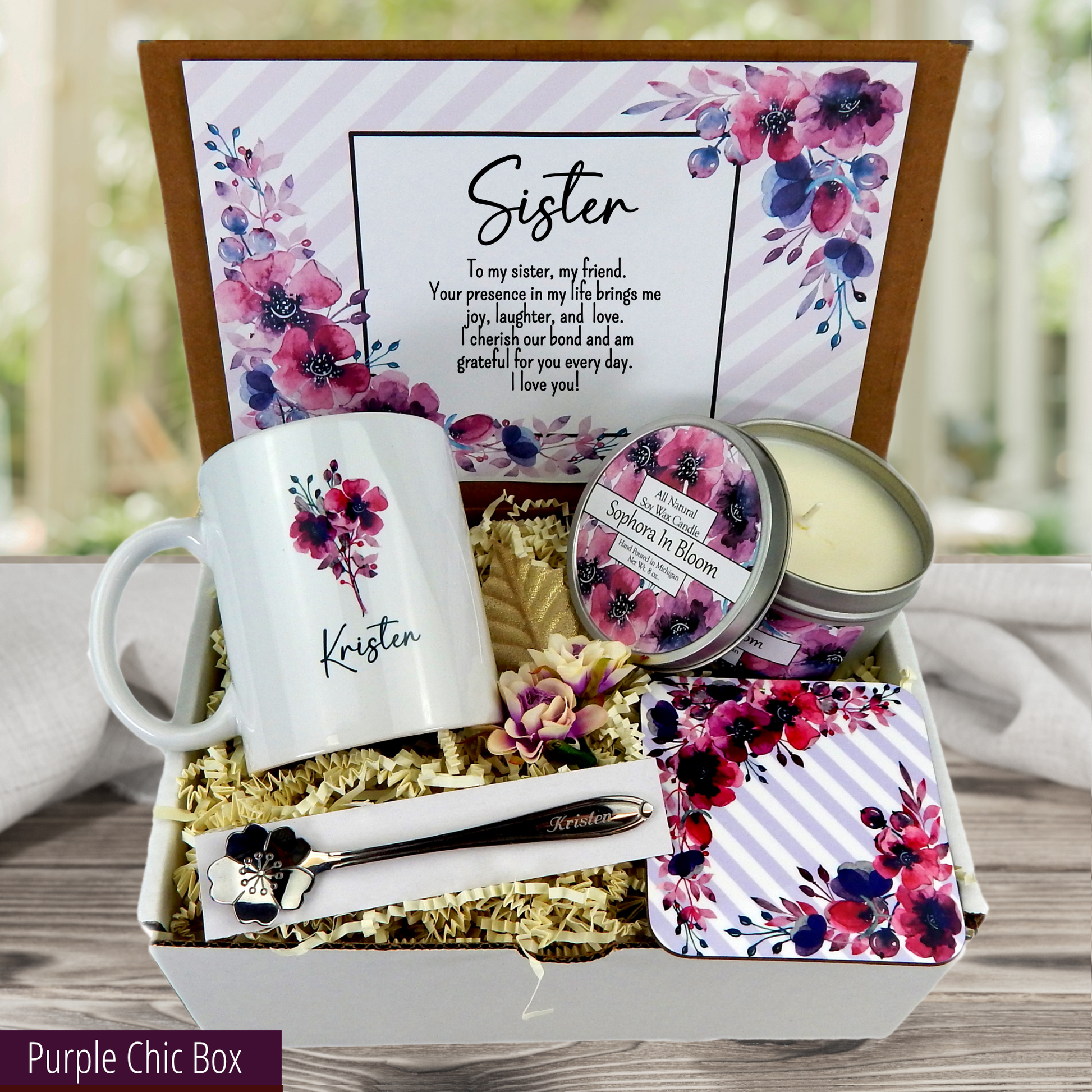Purple theme Sister's birthday delight: personalized mug, engraved spoon, coaster, candle, and heartfelt message.