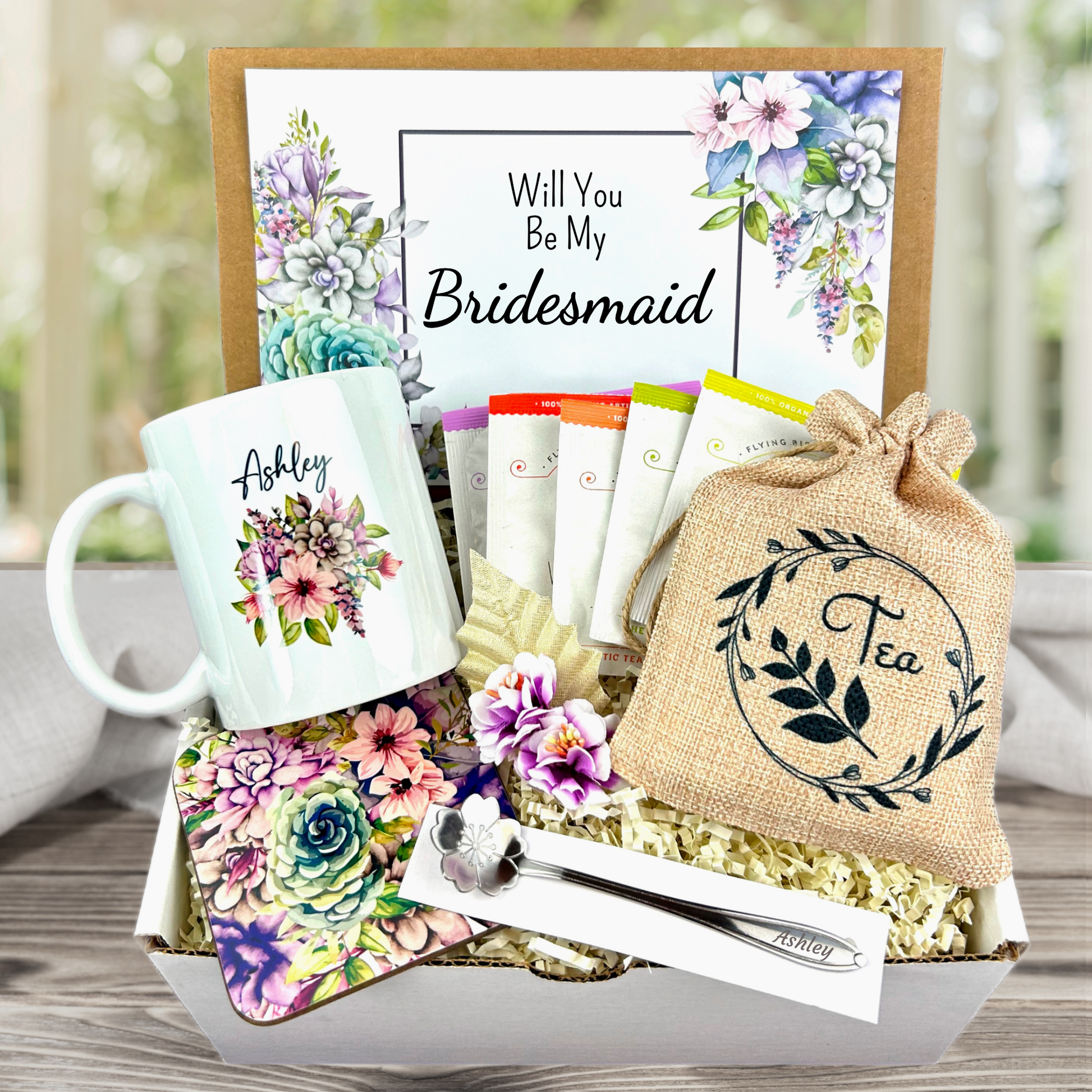 bridesmaid proposal box with assorted tea and purple name tea cup