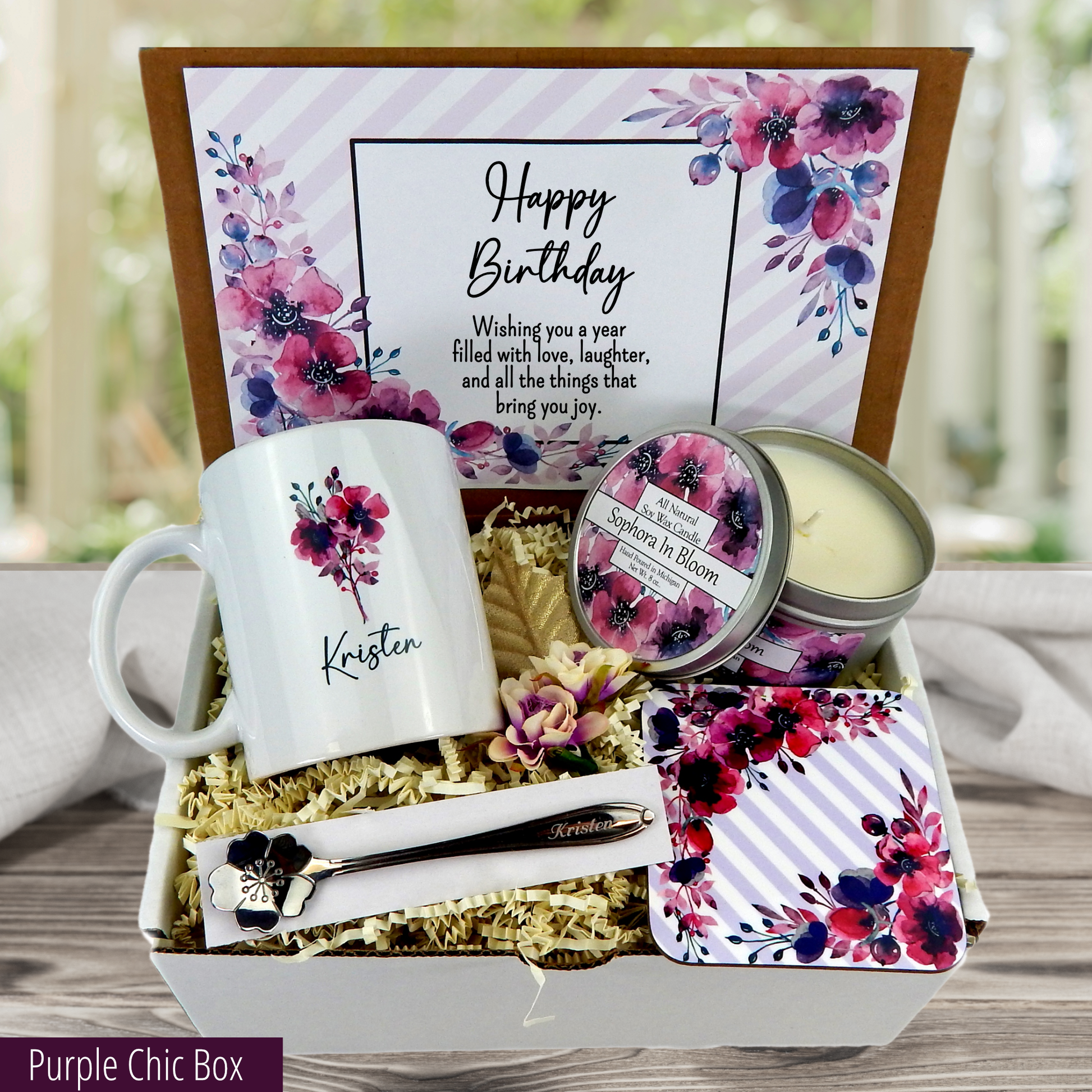purple birthday gift set with personalized coffee mug and candle