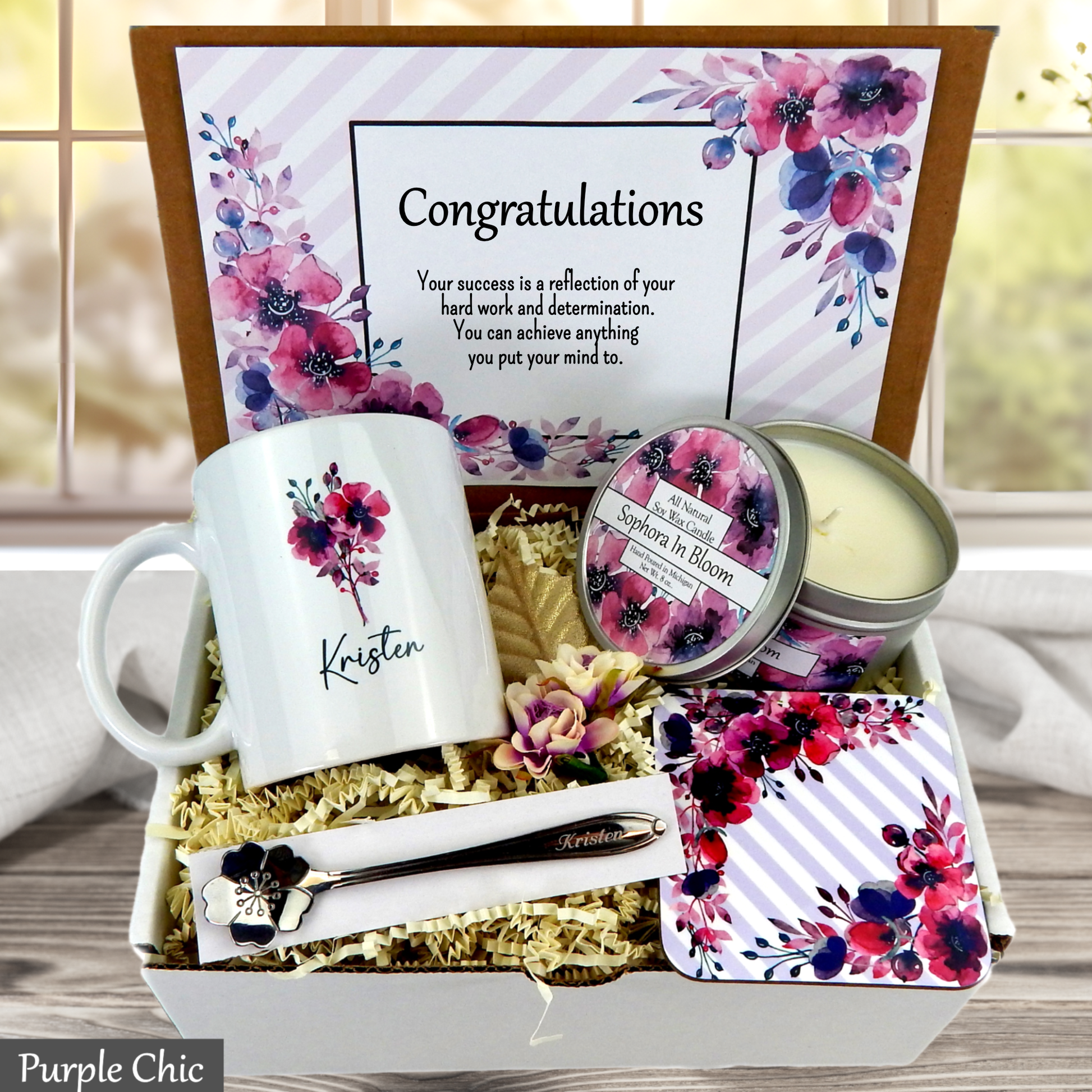 Purple Chic Gift set with mug, candle, and other items in a decorative box with floral design and 'Congratulations' message.