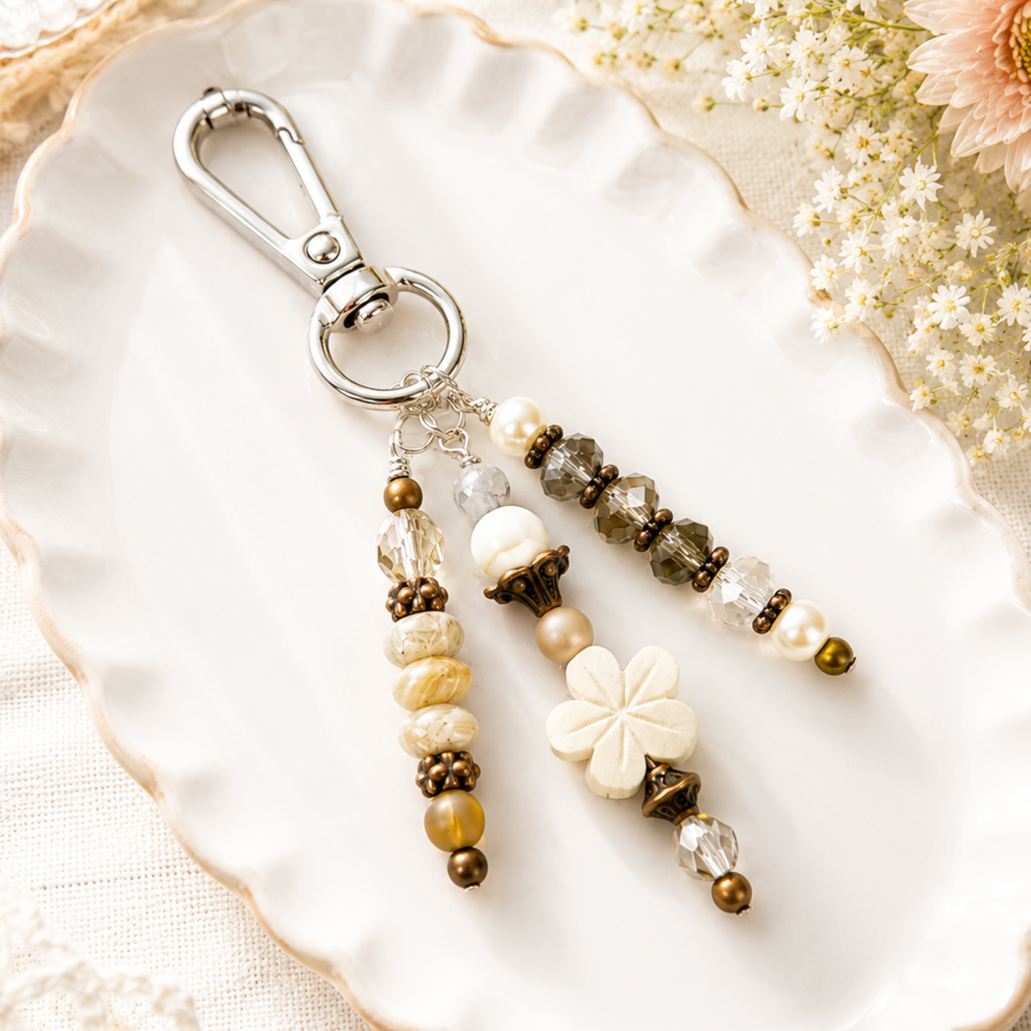 Beaded purse charm with floral design on a decorative plate with flowers