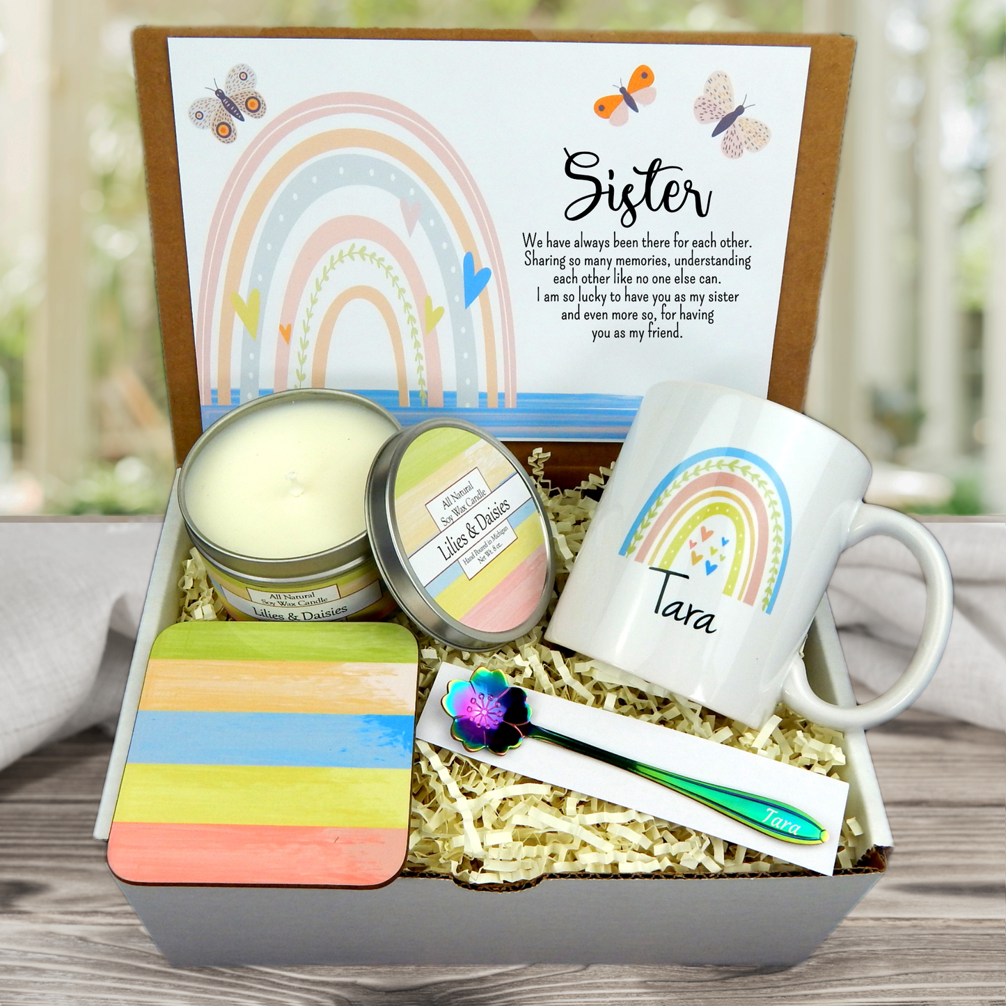 rainbow themed sister gift box with candle and keepsake mug and meaningful message