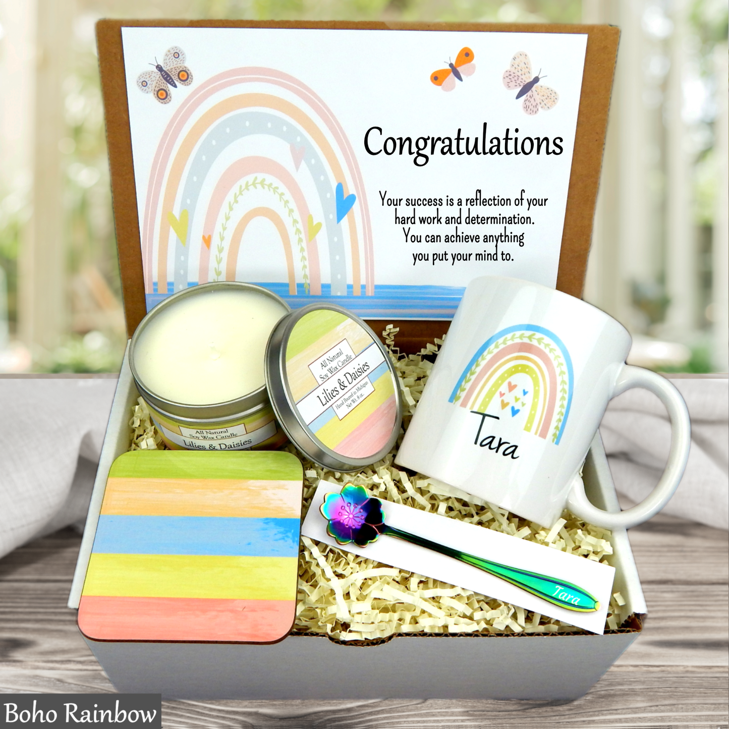 boho rainbow congratulations gift set with mug, candle, spoon and coaster