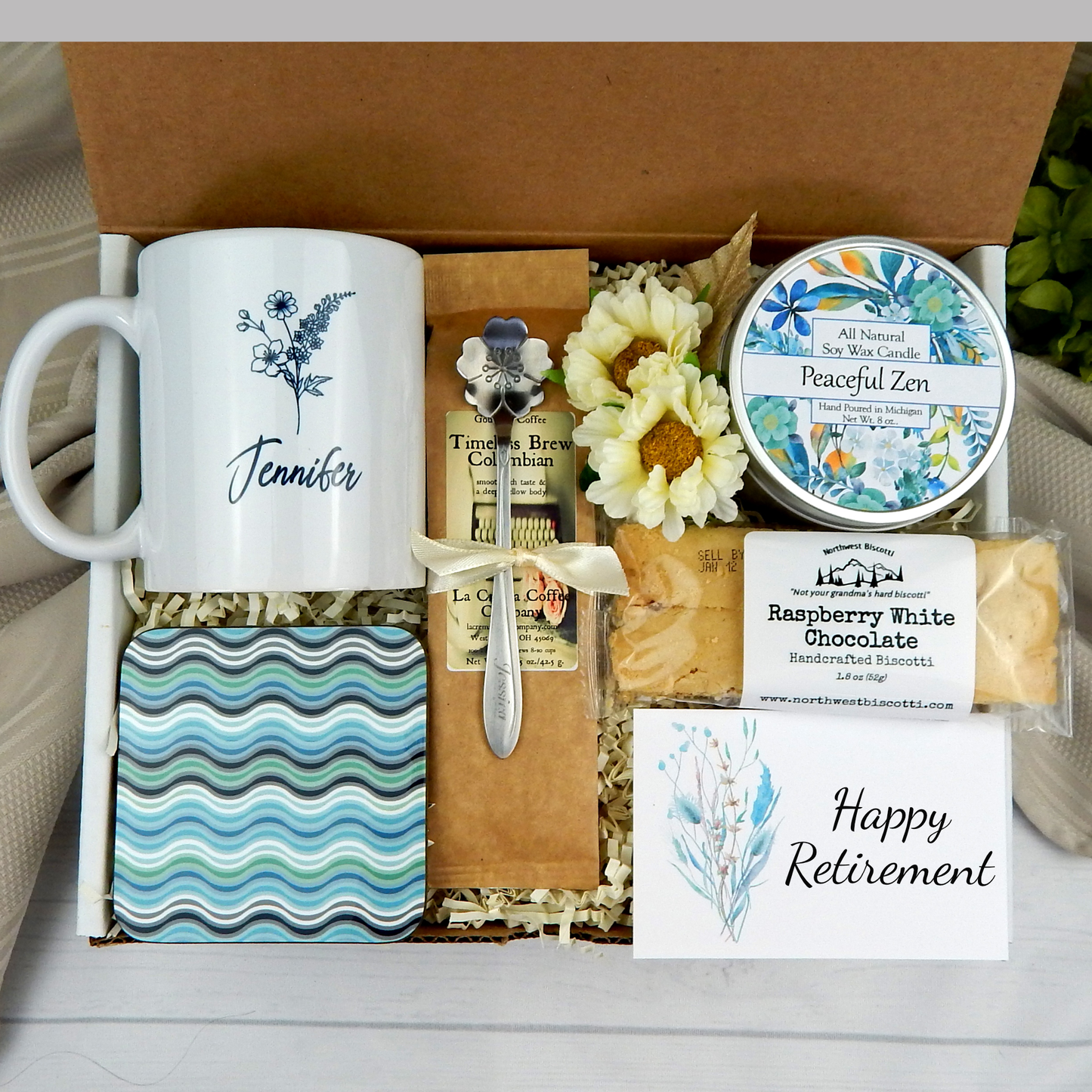 Retirement tranquility: Customized mug, coffee, and treats in a retirement gift basket for her.