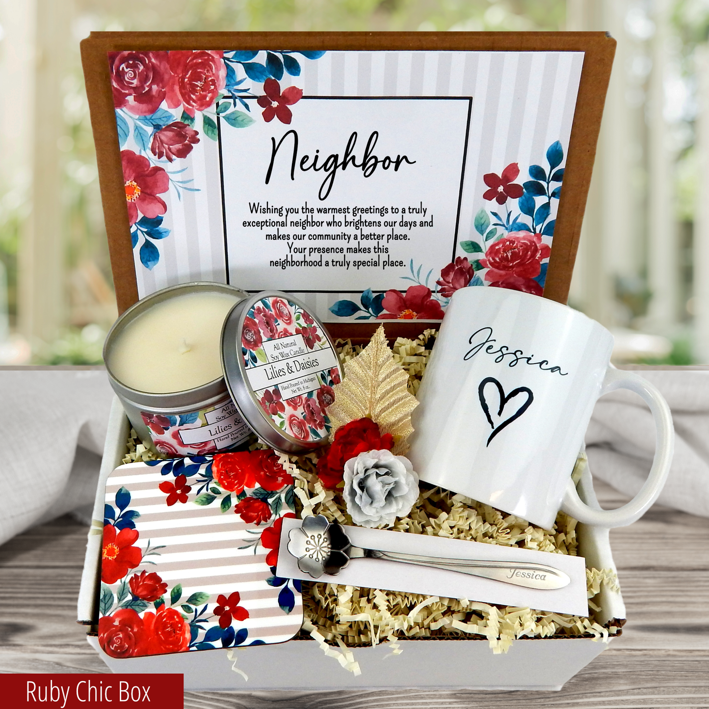 Neighborly Bonds: Appreciation Gift Basket with Custom Mug, Spoon, and Candle