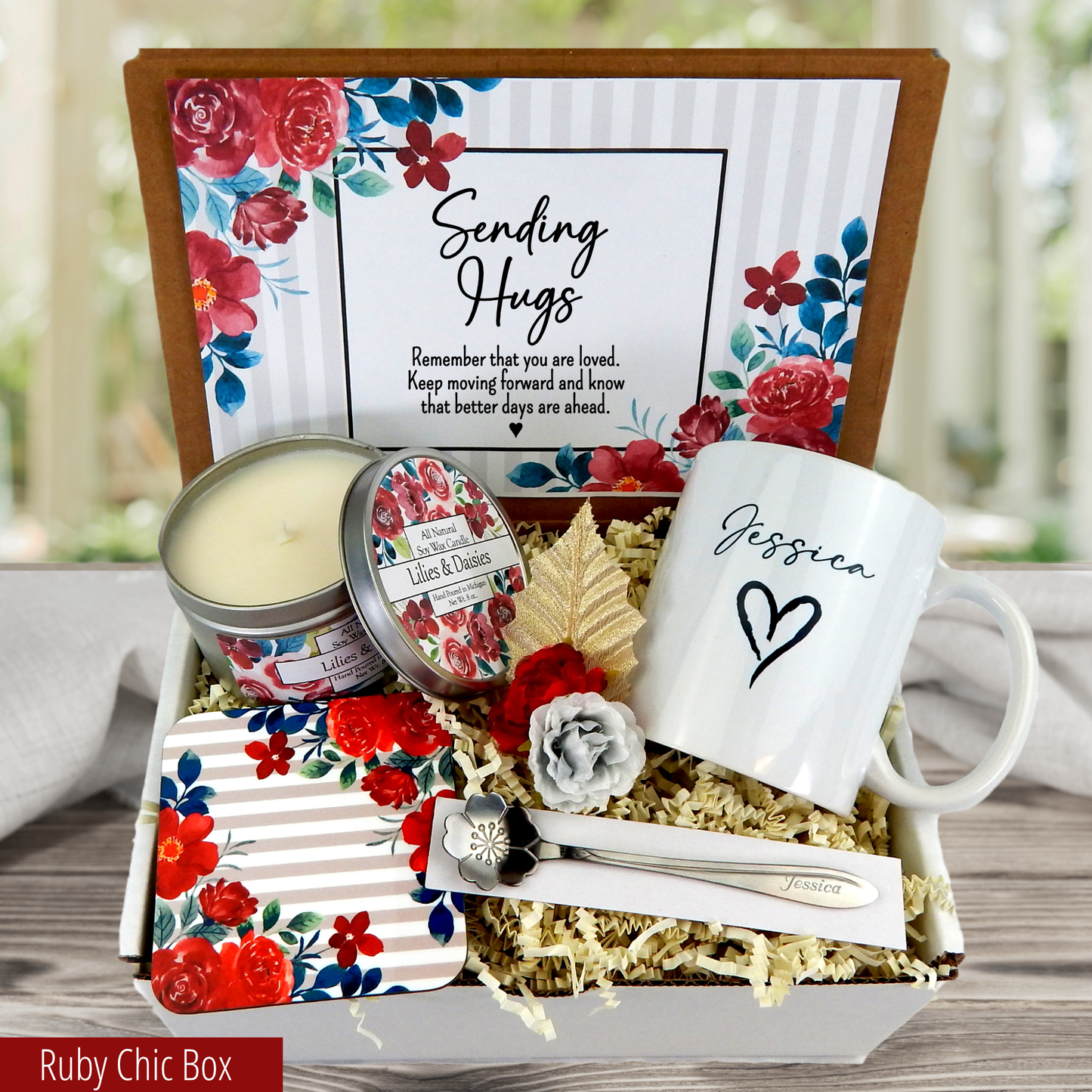 Gift basket with personalized mug for sending hugs to loved ones