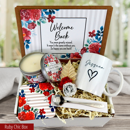 red flower welcome back gift basket with personalized mug