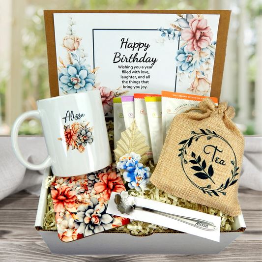 Birthday Gift Basket with Tea and Personalized Mug
